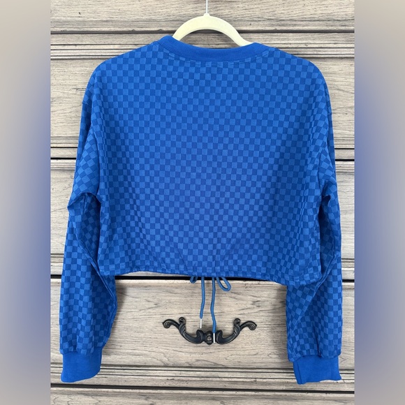 NEW 2 Piece Set Tracksuit NWOT Blue Checkered Cropped Crop Top Joggers Track Pa… - Picture 6 of 12